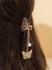 Faux Pearl Decor Butterfly Design Hair Claw - Gold - View 4