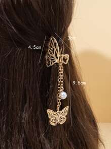 Faux Pearl Decor Butterfly Design Hair Claw - Gold - View 5