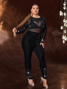 SHEIN SXY Plus Rhinestone Detail Mesh Unitard Jumpsuit Without Bra - Black - View 1
