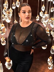 SHEIN SXY Plus Rhinestone Detail Mesh Unitard Jumpsuit Without Bra - Black - View 3