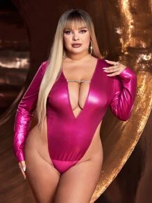 SHEIN SXY Plus Rhinestone Detail Plunge Neck Metallic Bodysuit Without Skirt - Hot Pink - View 3
