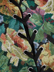 SHEIN MOD Floral Print Grommet Lace Up Blouse - Black - View 4