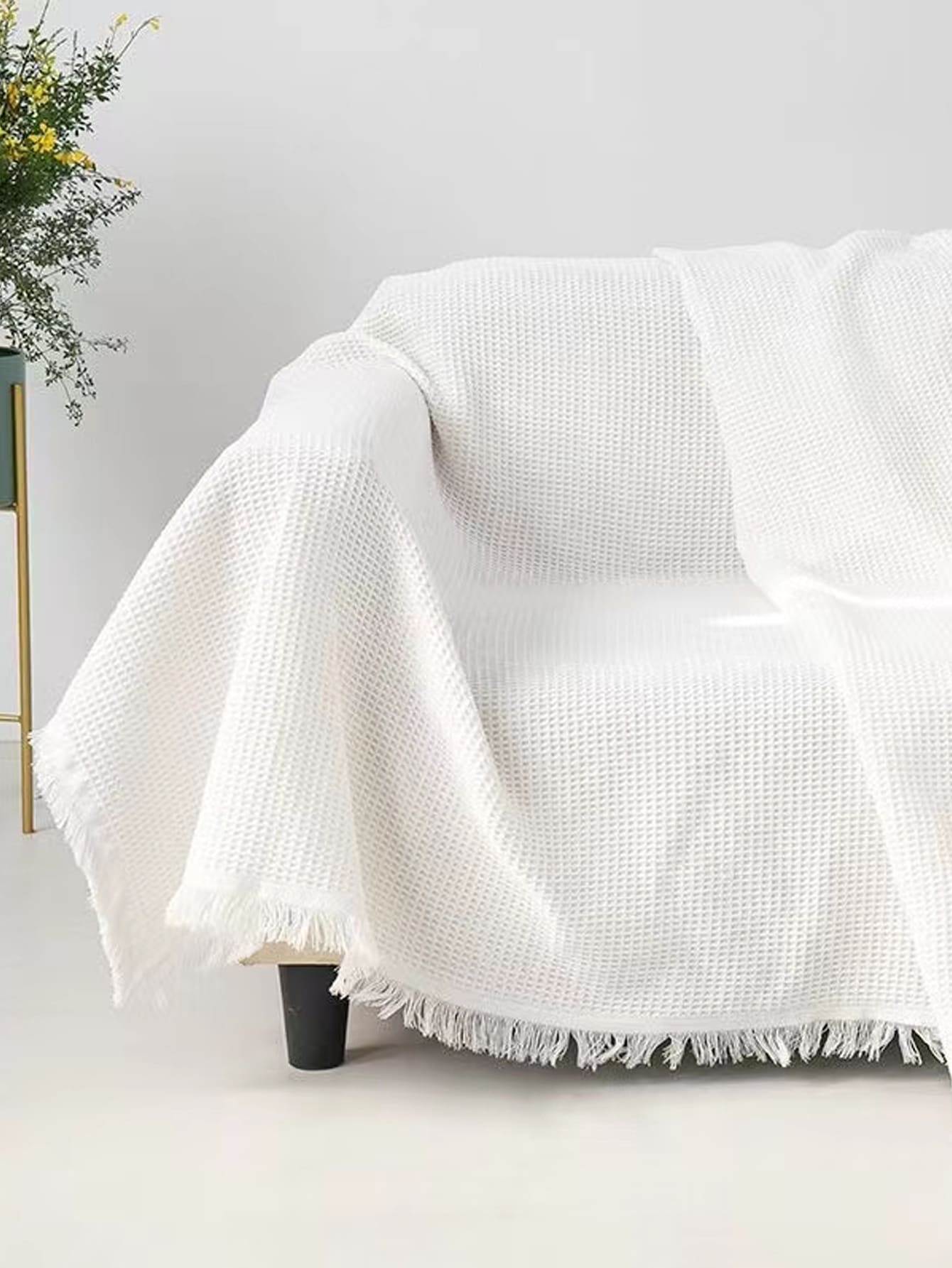 Chăn trang trí tua rua trơn - trắng - Xem 1