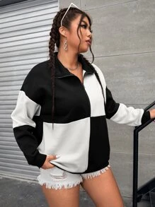 SHEIN EZwear Plus Cut And Sew Drop Shoulder Sweatshirt - Black and White - View 4