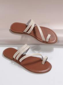 細帶T字帶涼鞋 - 米色 - 查看 3