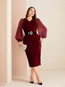 SHEIN Clasi Plus Lantern Sleeve Split Back Velvet Dress Without Belt - Burgundy - View 1