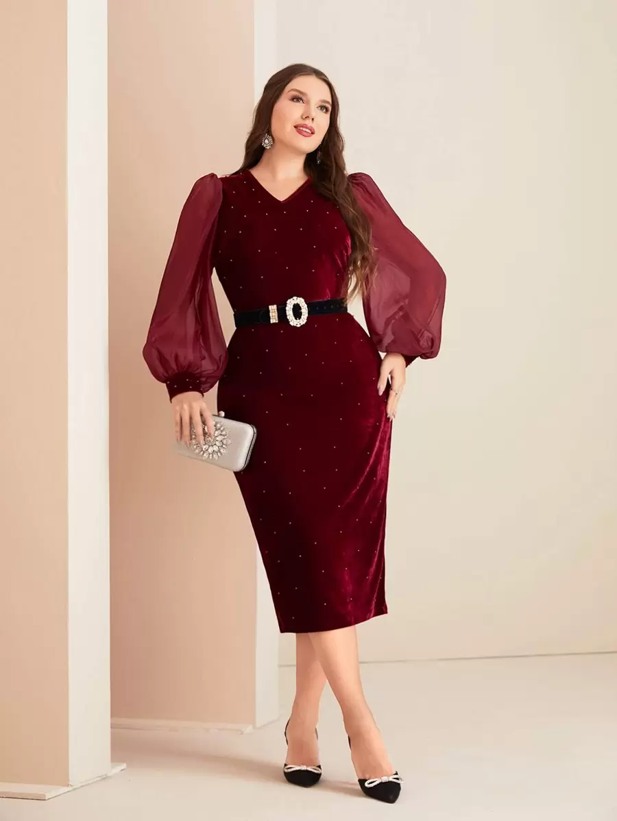 SHEIN Clasi Plus Lantern Sleeve Split Back Velvet Dress Without Belt - Burgundy - View 1