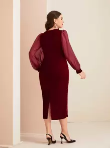 SHEIN Clasi Plus Lantern Sleeve Split Back Velvet Dress Without Belt - Burgundy - View 2