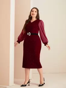 SHEIN Clasi Plus Lantern Sleeve Split Back Velvet Dress Without Belt - Burgundy - View 3