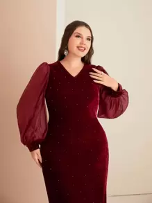 SHEIN Clasi Plus Lantern Sleeve Split Back Velvet Dress Without Belt - Burgundy - View 4