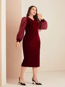 SHEIN Clasi Plus Lantern Sleeve Split Back Velvet Dress Without Belt - Burgundy - View 5