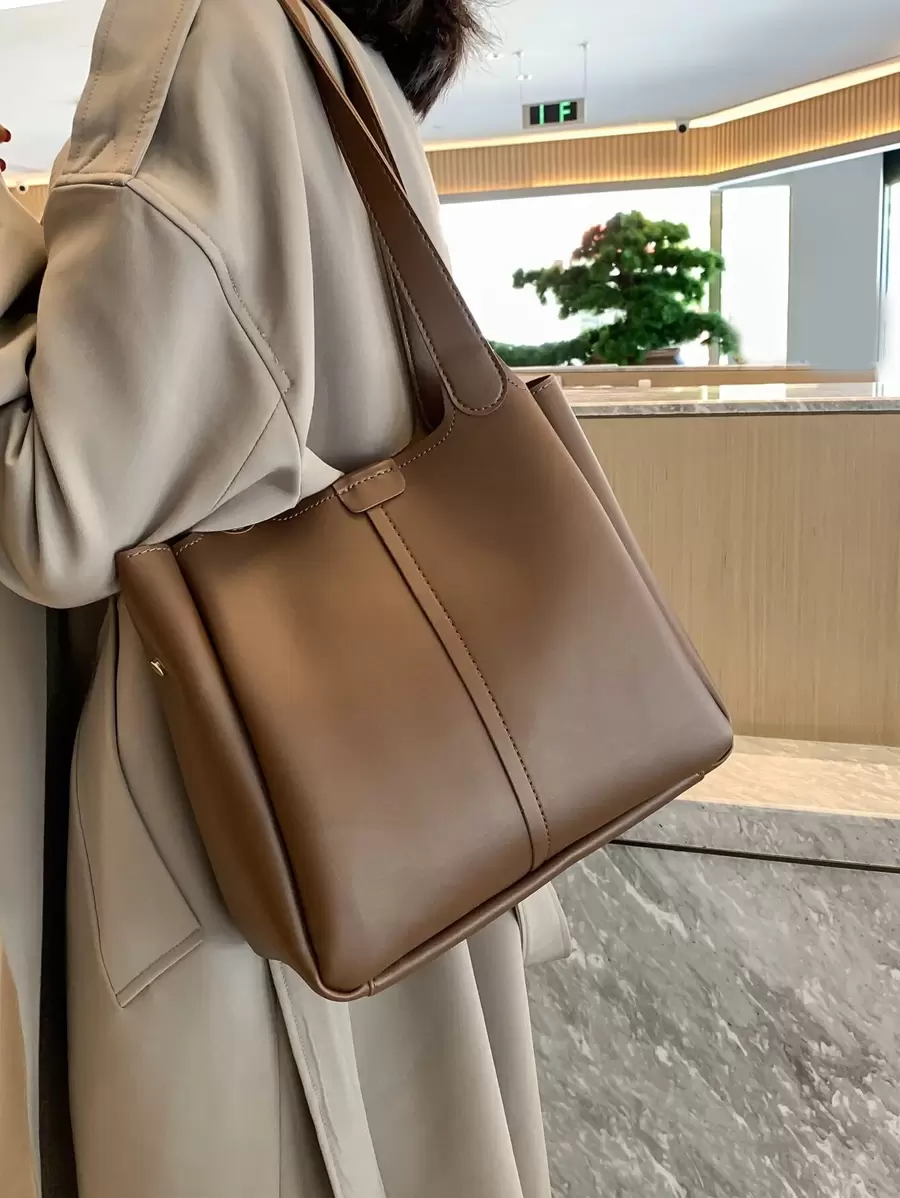 缝线细节单肩托特包书包，便携，轻便，商务休闲，适合少女、女大学生、白领、新手和白领，非常适合返校、大学、工作、商务、通勤、办公室 - 棕色 - 查看 1