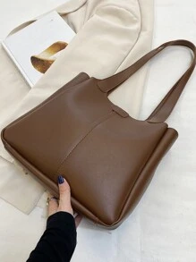 缝线细节单肩托特包书包，便携，轻便，商务休闲，适合少女、女大学生、白领、新手和白领，非常适合返校、大学、工作、商务、通勤、办公室 - 棕色 - 查看 3