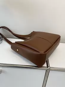 缝线细节单肩托特包书包，便携，轻便，商务休闲，适合少女、女大学生、白领、新手和白领，非常适合返校、大学、工作、商务、通勤、办公室 - 棕色 - 查看 5