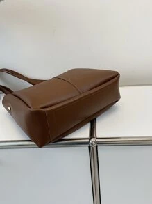 缝线细节单肩托特包书包，便携，轻便，商务休闲，适合少女、女大学生、白领、新手和白领，非常适合返校、大学、工作、商务、通勤、办公室 - 棕色 - 查看 6