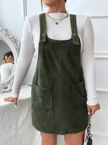 Flirla Đầm Plus Size Túi Nút phía trước màu trơn Sẵn sàng - xanh quân đội - Xem 1