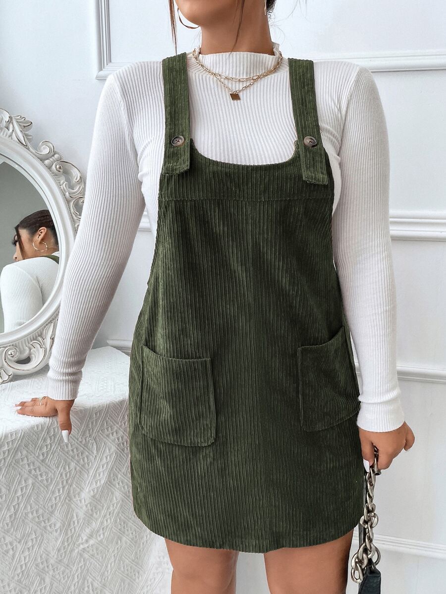 Flirla Đầm Plus Size Túi Nút phía trước màu trơn Sẵn sàng - xanh quân đội - Xem 1