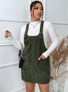 Flirla Đầm Plus Size Túi Nút phía trước màu trơn Sẵn sàng - xanh quân đội - Xem 4