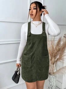 Flirla Đầm Plus Size Túi Nút phía trước màu trơn Sẵn sàng - xanh quân đội - Xem 5