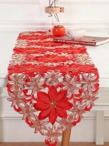1pc Thêu hoa rỗng Out Table Runner - Đỏ - Xem 1
