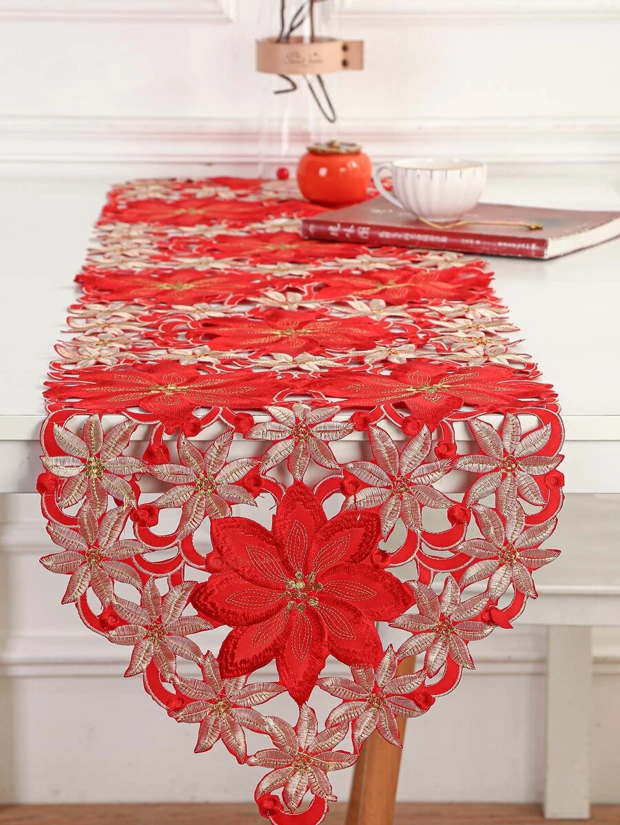 1pc Thêu hoa rỗng Out Table Runner - Đỏ - Xem 1