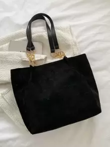 Solid Color Letter Pattern Tote Bag, Large Capacity, Minimalist, Casual, Lightweight, Shopping, Student Soft Tote - Black - View 6