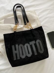 Solid Color Letter Pattern Tote Bag, Large Capacity, Minimalist, Casual, Lightweight, Shopping, Student Soft Tote - Black - View 5