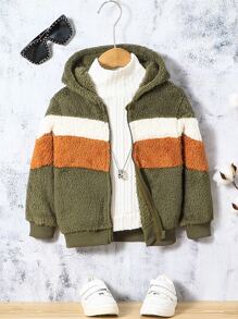 Toddler Boys Colour Block Hooded Teddy Jacket Without Tee - Army Green - View 1