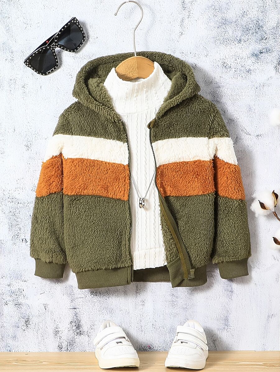 Toddler Boys Colour Block Hooded Teddy Jacket Without Tee - Army Green - View 1