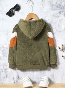 Toddler Boys Colour Block Hooded Teddy Jacket Without Tee - Army Green - View 2