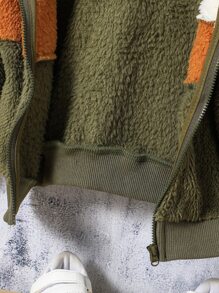 Toddler Boys Colour Block Hooded Teddy Jacket Without Tee - Army Green - View 3