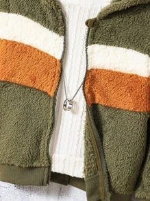 Toddler Boys Colour Block Hooded Teddy Jacket Without Tee - Army Green - View 4