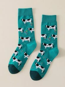 1pair Men's Milk Cow Pattern Mid-Calf Socks, Fall Socks - Multicolor - View 1