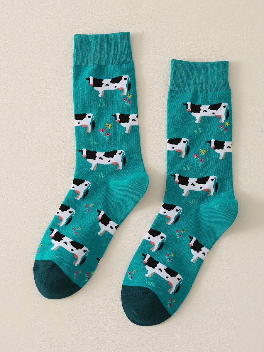 1pair Men's Milk Cow Pattern Mid-Calf Socks, Fall Socks - Multicolor - View 1