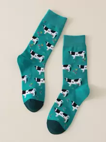 1pair Men's Milk Cow Pattern Mid-Calf Socks, Fall Socks - Multicolor - View 2