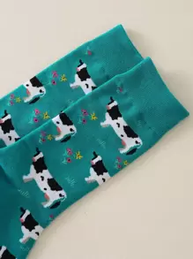 1pair Men's Milk Cow Pattern Mid-Calf Socks, Fall Socks - Multicolor - View 4