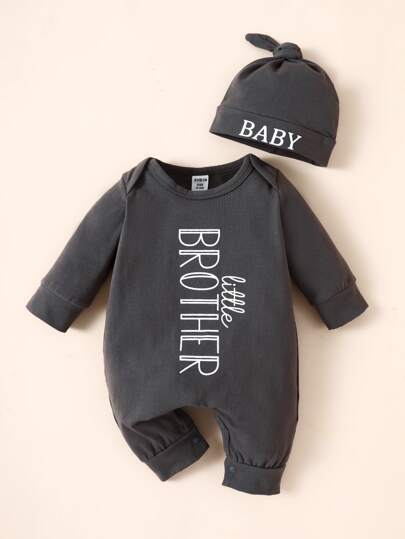 SHEIN Newborn Baby Boy Letter Graphic Jumpsuit & Hat Chic Outfits For Autumn/Winter
