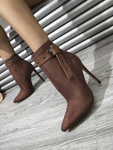 Faux Suede Buckle Decor Zip Side Boots - Coffee Brown - View 4