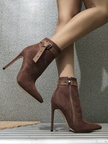 Faux Suede Buckle Decor Zip Side Boots - Coffee Brown - View 5