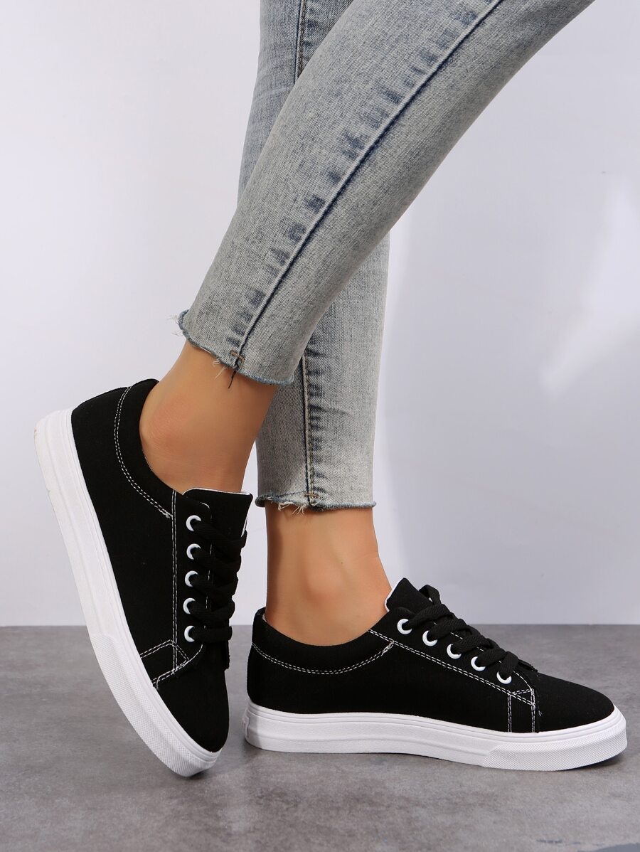 Lace-up Front Canvas Shoes - Black - View 1
