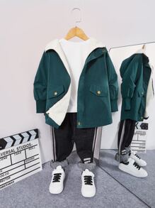 SHEIN 小男童翻蓋細節連帽外套 - 墨綠色 - 查看 3