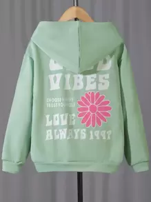 Tween Girl Slogan & Floral Print Sweatshirt - Mint Green - View 1