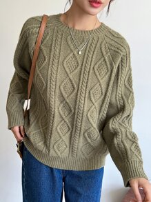 DAZY Cable Knit Raglan Sleeve Jumper - Army Green - View 5