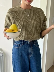 DAZY Cable Knit Raglan Sleeve Jumper - Army Green - View 6