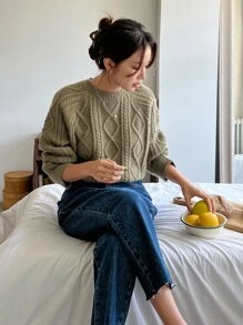 DAZY Cable Knit Raglan Sleeve Jumper - Army Green - View 7