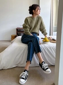 DAZY Cable Knit Raglan Sleeve Jumper - Army Green - View 8