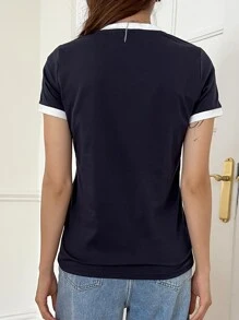 DAZY Camiseta con gráfico de letra, estilo preppy - Azul Marino - Ver 2