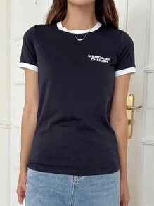 DAZY Camiseta con gráfico de letra, estilo preppy - Azul Marino - Ver 5