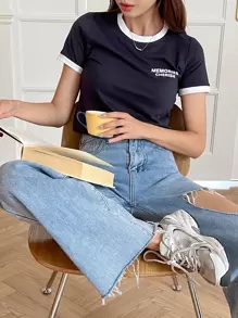 DAZY Camiseta con gráfico de letra, estilo preppy - Azul Marino - Ver 8