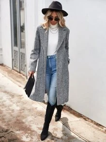 SHEIN LUNE Herringbone Lapel Neck Overcoat - Black - View 1